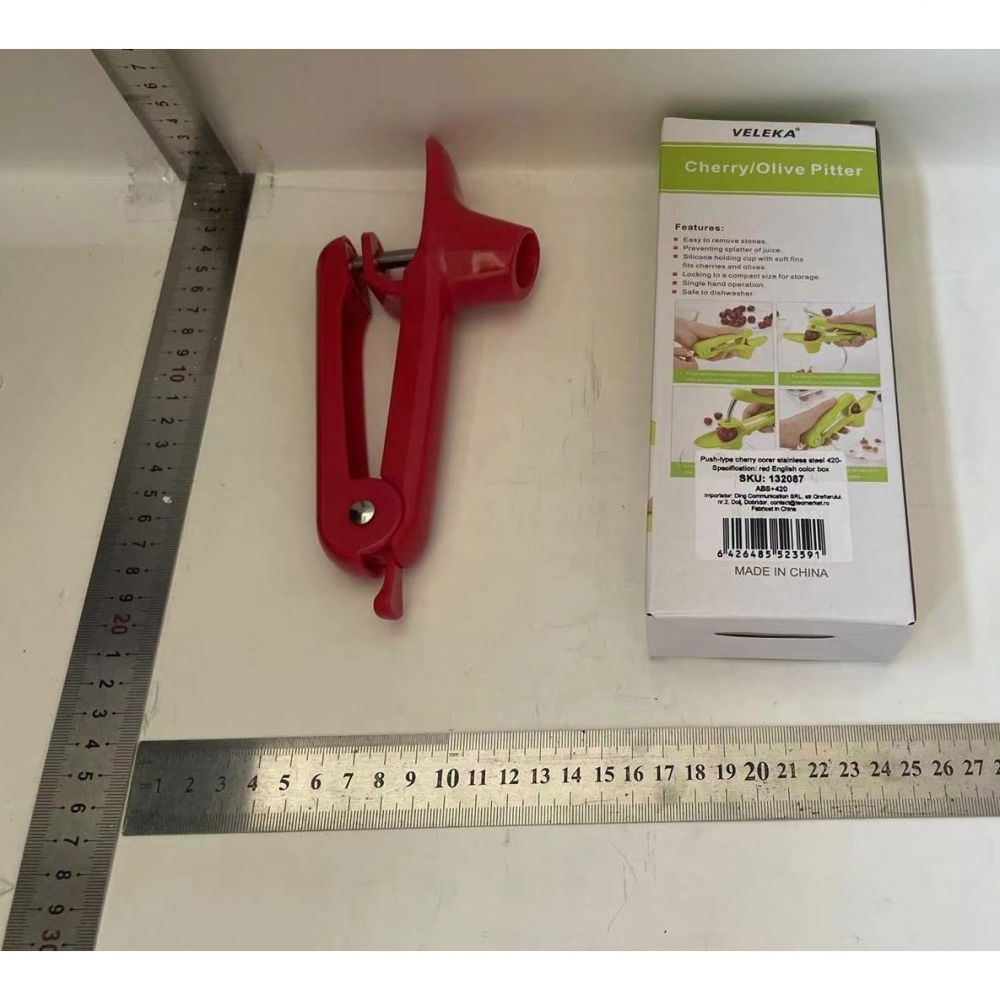 Dispozitiv de scos samburi, manual, cu 1 gaura, pentru cirese/masline, 20.5 x 3.8 x 13 cm, din abs+otel inoxidabil, cu maner, rosu [2]