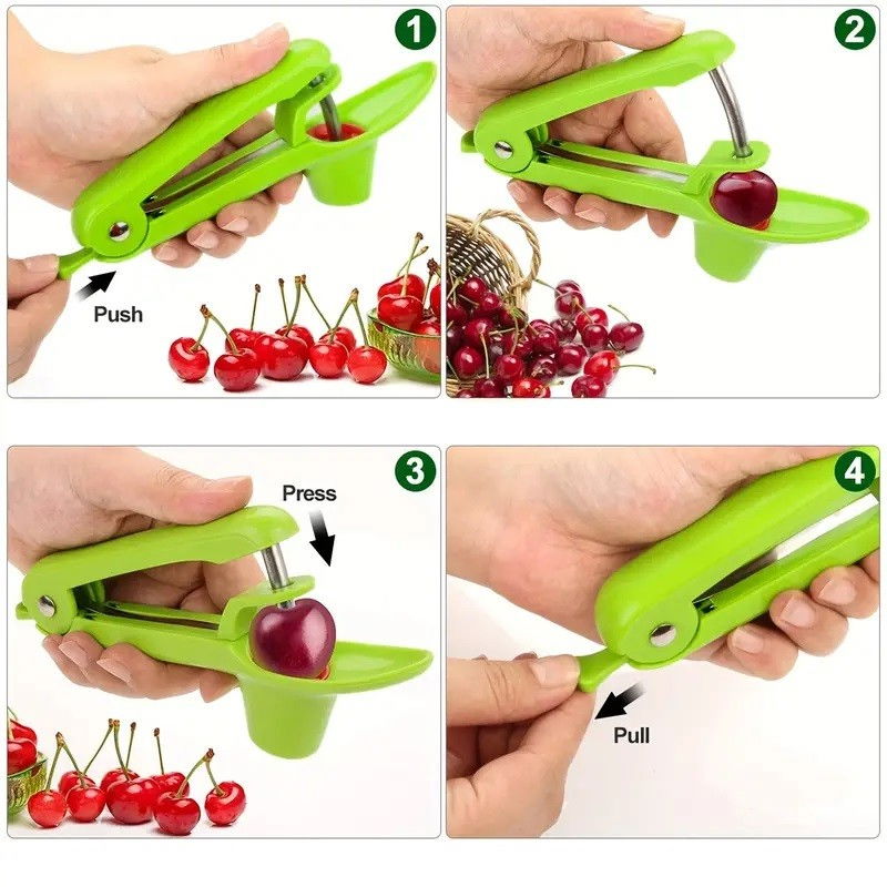 Dispozitiv de scos samburi, manual, cu 1 gaura, pentru cirese/masline, 20.5 x 3.8 x 13 cm, din abs+otel inoxidabil, cu maner, verde [3]