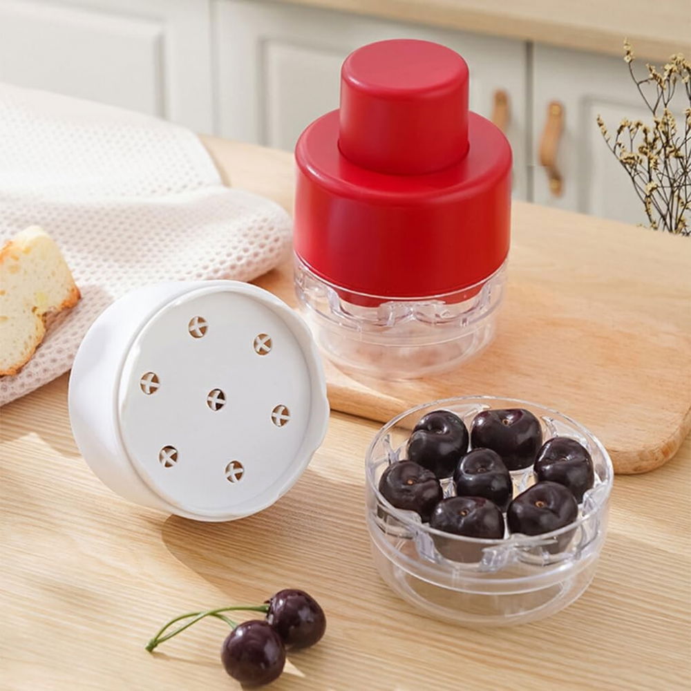 Dispozitiv de scos samburi, manual, cu 7 gauri, pentru cirese, 13 x 9.2 cm, din abs, rosu [8]