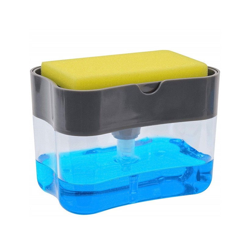 Dozator  dispenser 2 in 1 pentru detergent lichid de vase sau pentru obiecte sanitare cu suport pentru burete de bucatarie ,14 x 10.5 x 10 cm, capacitate 380 ml, gri [1]