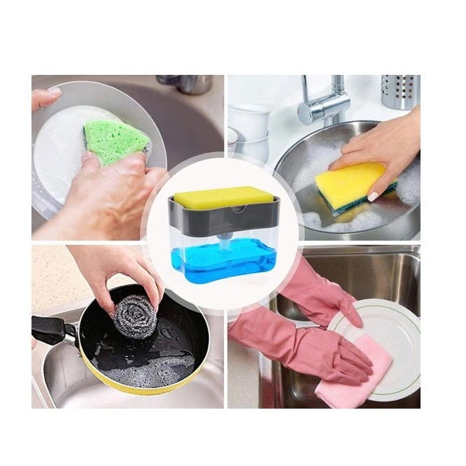 Dozator  dispenser 2 in 1 pentru detergent lichid de vase sau pentru obiecte sanitare cu suport pentru burete de bucatarie ,14 x 10.5 x 10 cm, capacitate 380 ml, gri [3]