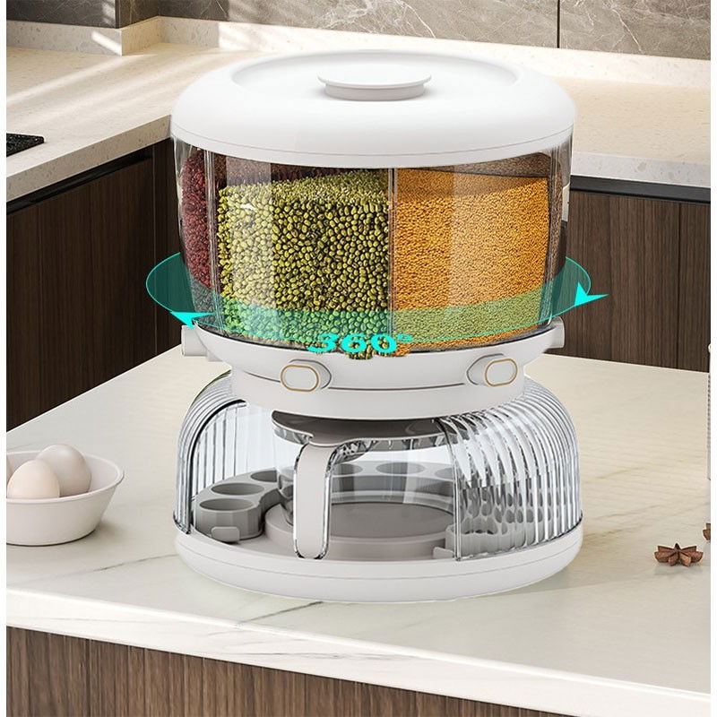 Dozator etajat de cereale  rotativ 360, 6 compartimente, capacitate 10l, cofrag special pentru oua, vas pentru scurgerea cerealelor, 35x27.5 cm, alb [4]