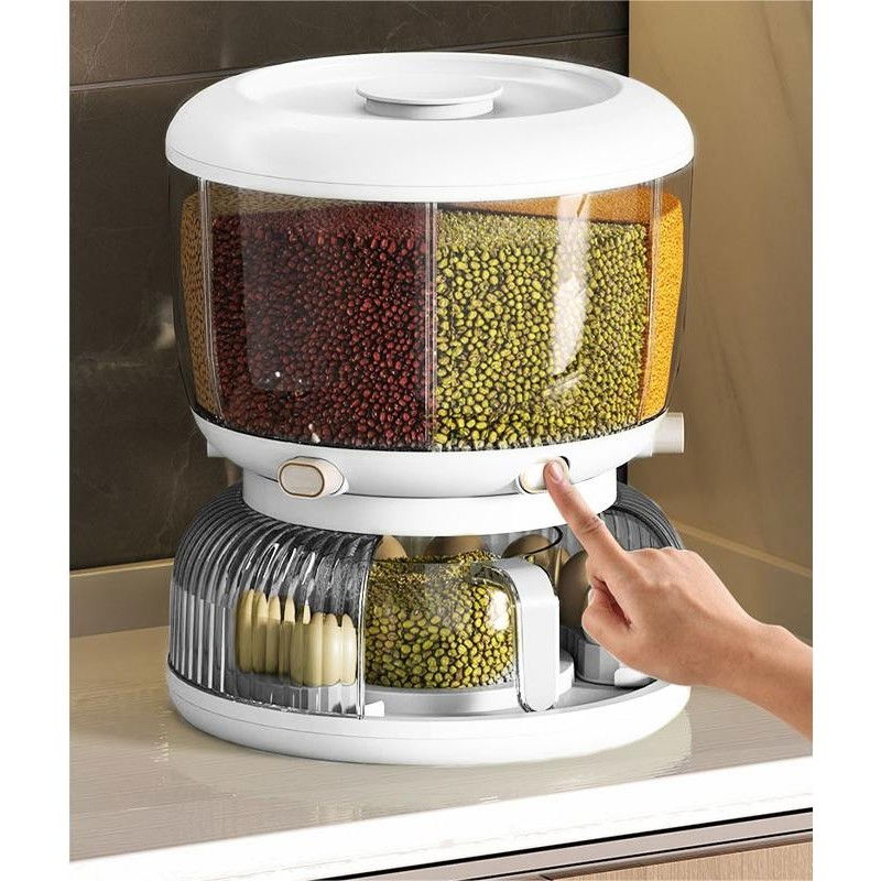 Dozator etajat de cereale  rotativ 360, 6 compartimente, capacitate 10l, cofrag special pentru oua, vas pentru scurgerea cerealelor, 35x27.5 cm, alb [5]