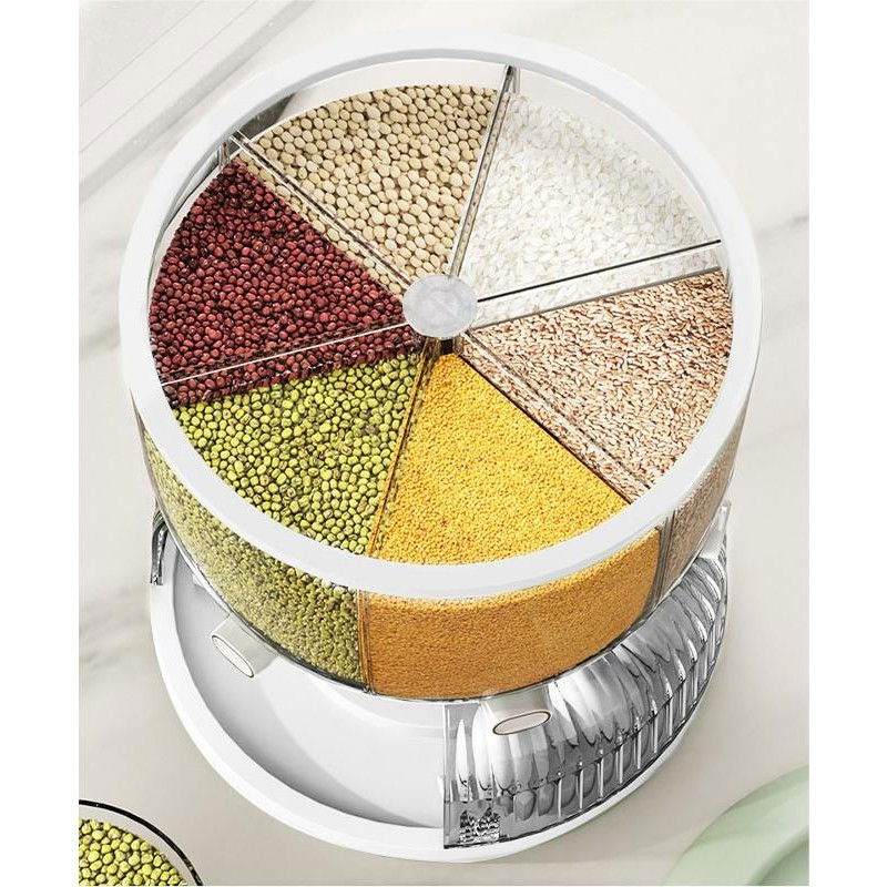 Dozator etajat de cereale  rotativ 360, 6 compartimente, capacitate 10l, cofrag special pentru oua, vas pentru scurgerea cerealelor, 35x27.5 cm, alb [6]