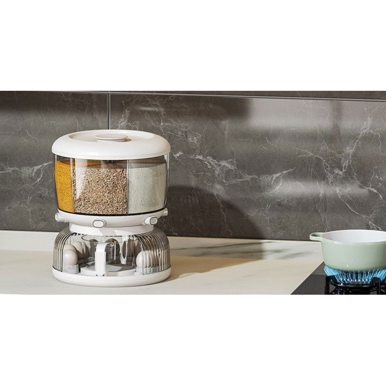 Dozator etajat de cereale  rotativ 360, 6 compartimente, capacitate 10l, cofrag special pentru oua, vas pentru scurgerea cerealelor, 35x27.5 cm, alb [2]