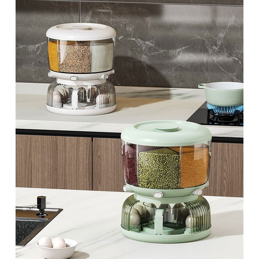 Dozator etajat de cereale  rotativ 360, 6 compartimente, capacitate 10l, cofraj special pentru oua, vas pentru scurgerea cerealelor, 35x27.5 cm, verde [10]