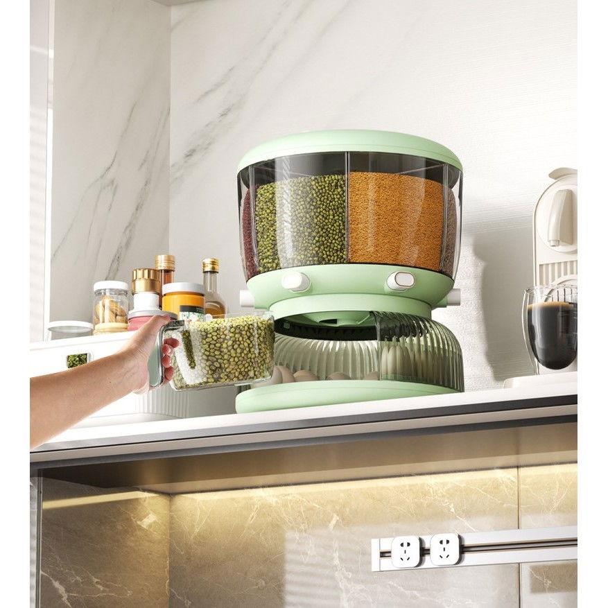 Dozator etajat de cereale  rotativ 360, 6 compartimente, capacitate 10l, cofraj special pentru oua, vas pentru scurgerea cerealelor, 35x27.5 cm, verde [5]