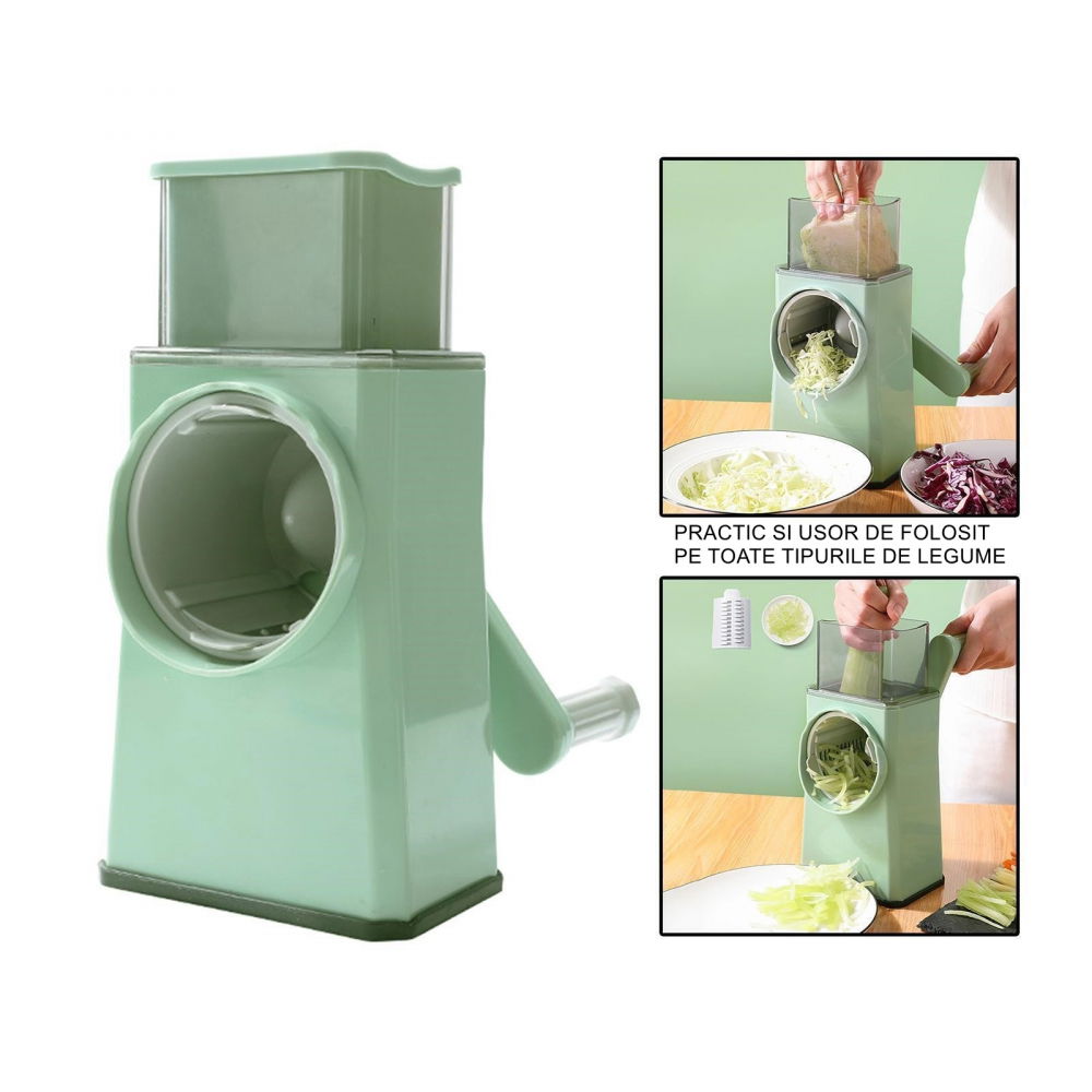 Feliator manual pentru legume  3 lame din otel inxodabil, 3 tipuri de feliere, material carcasa abs, latime maxima feliere 4 mm, baza de tip ventuza, usor si sigur de utilizat, 28.5 x 9,2 x 13.5 cm, verde [7]