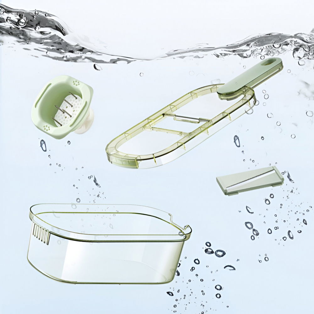 Feliator multifunctional, 6 in 1, pentru fructe si legume, 9 piese, maner, lame de inox, recipient stocare, protectie mana, abs, 35x12x9.4 cm, verde [9]