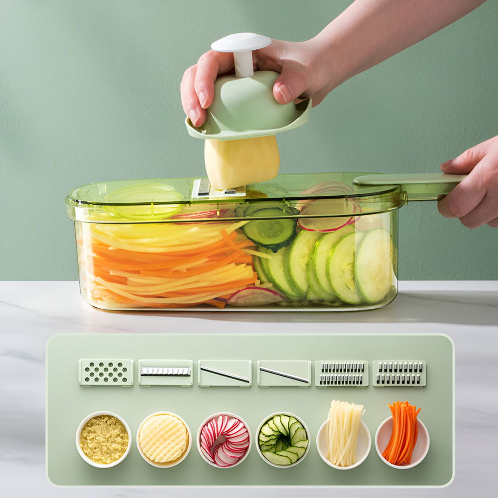 Feliator multifunctional, 6 in 1, pentru fructe si legume, 9 piese, maner, lame de inox, recipient stocare, protectie mana, abs, 35x12x9.4 cm, verde [11]