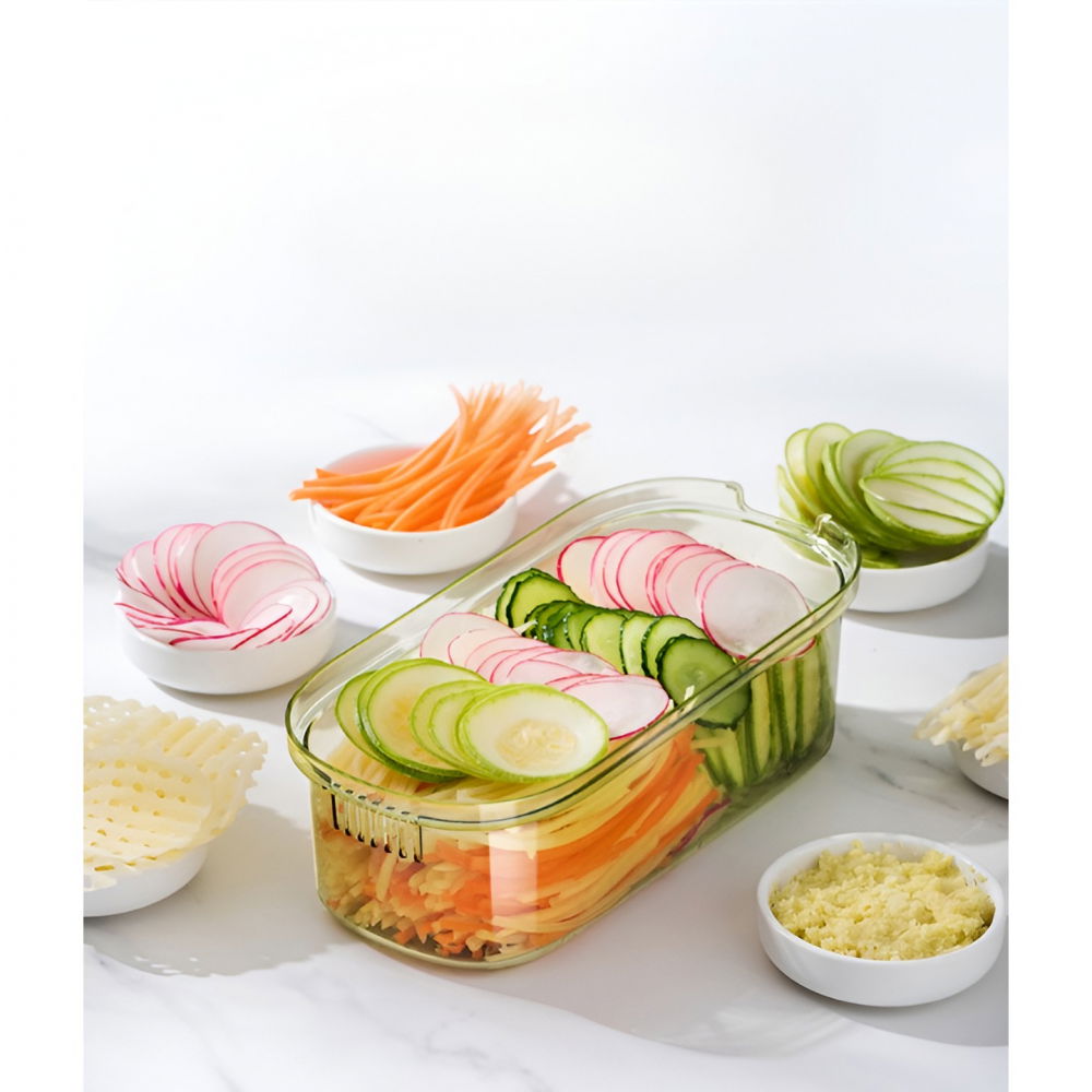 Feliator multifunctional, 6 in 1, pentru fructe si legume, 9 piese, maner, lame de inox, recipient stocare, protectie mana, abs, 35x12x9.4 cm, verde [4]