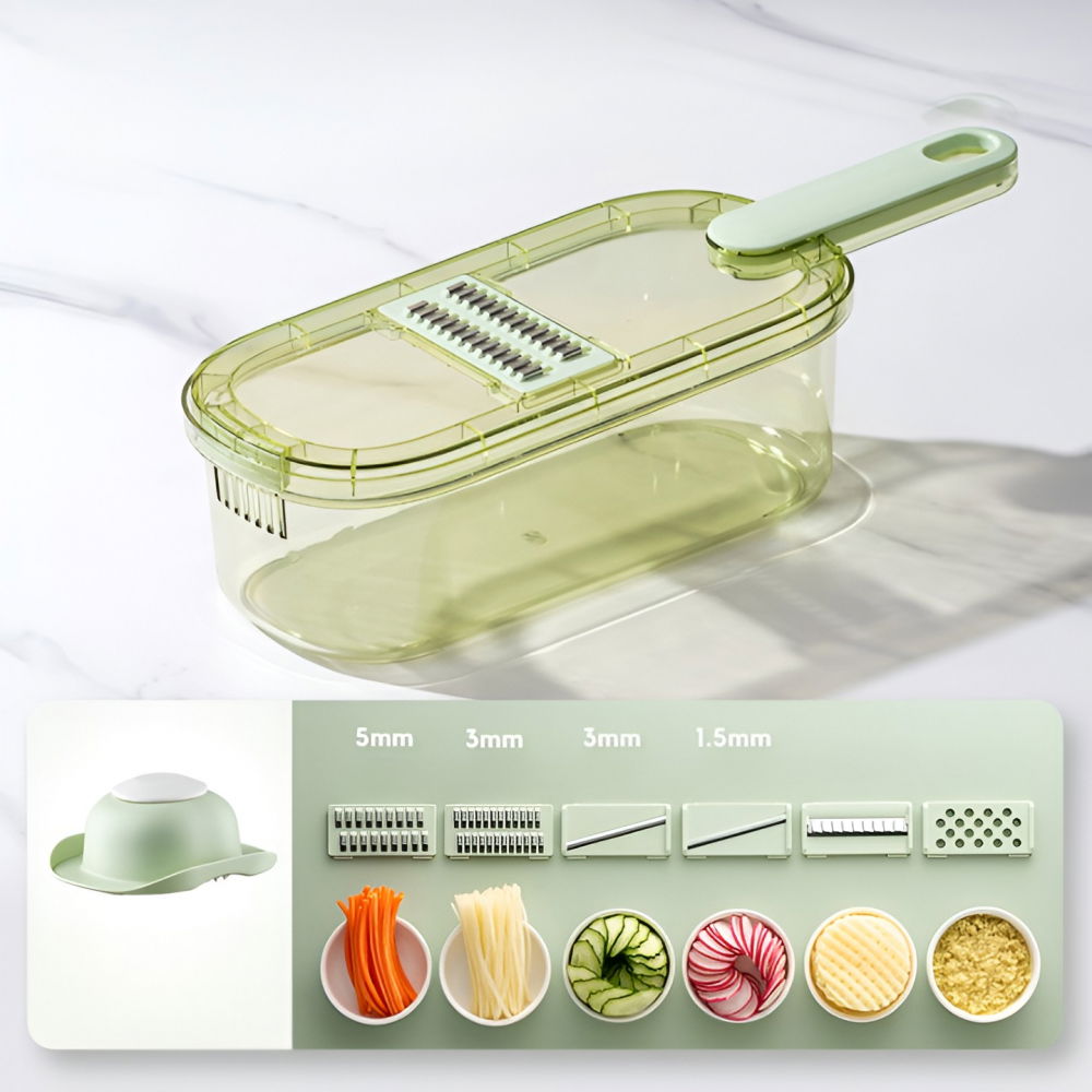 Feliator multifunctional, 6 in 1, pentru fructe si legume, 9 piese, maner, lame de inox, recipient stocare, protectie mana, abs, 35x12x9.4 cm, verde [8]