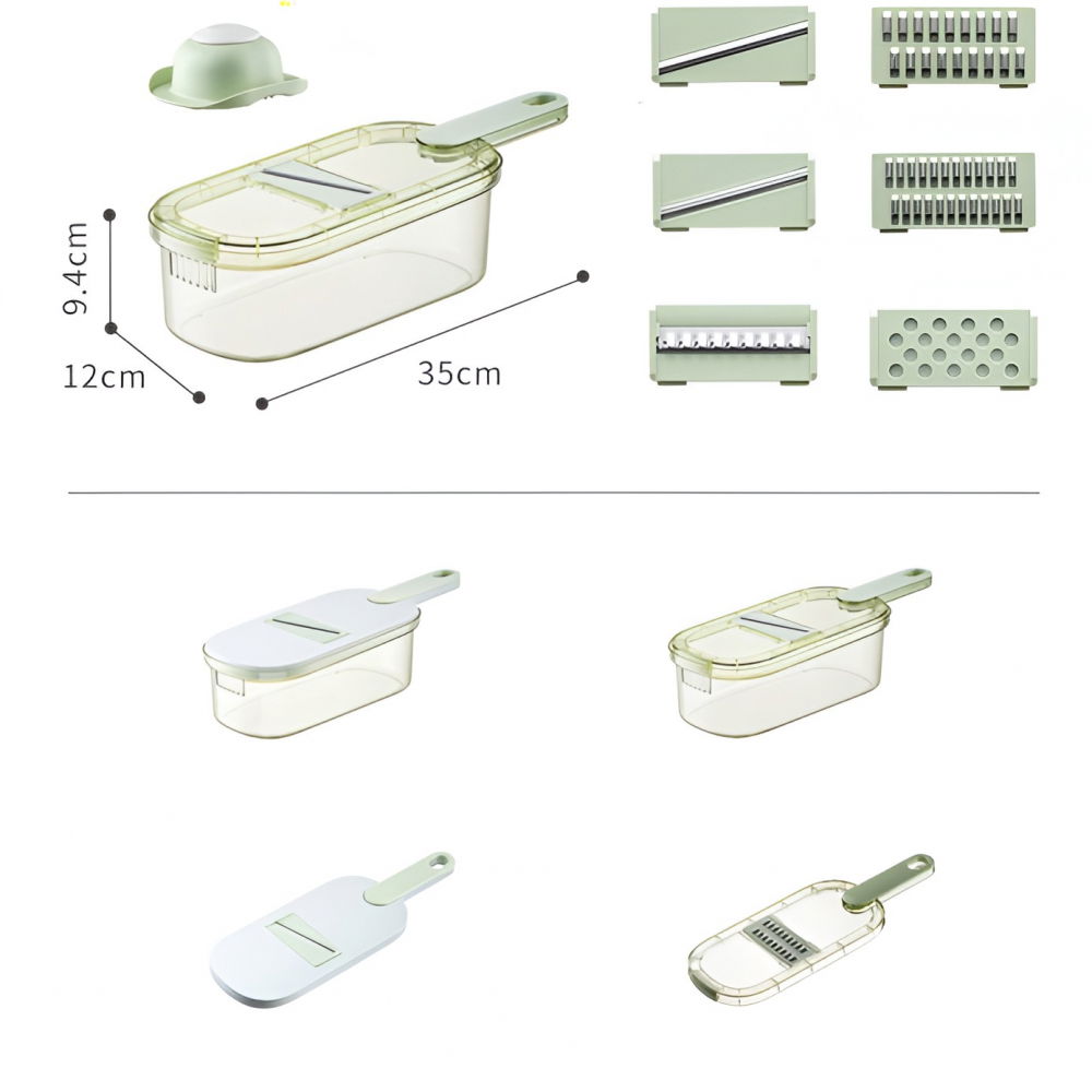 Feliator multifunctional, 6 in 1, pentru fructe si legume, 9 piese, maner, lame de inox, recipient stocare, protectie mana, abs, 35x12x9.4 cm, verde [3]