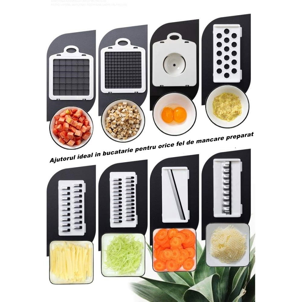 Feliator multifunctional, razatoare, 8 in 1, pentru fructe si legume, 10 piese, lame de inox, recipient stocare, separator oua, protectie mana, abs, 32.2x11.3 cm, albastru/alb [3]