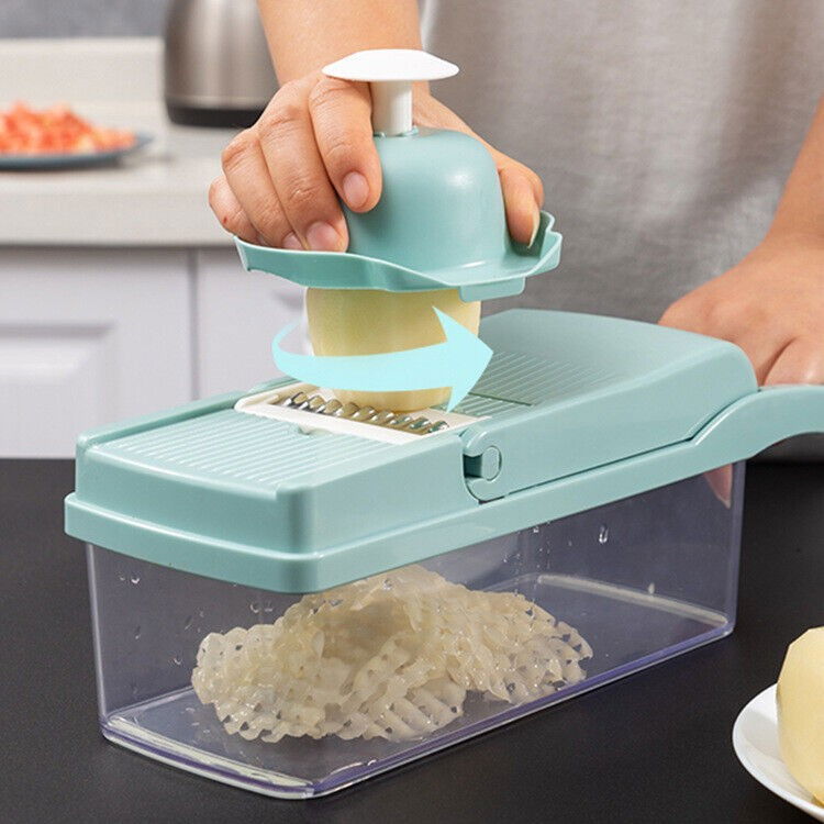 Feliator multifunctional, razatoare, 8 in 1, pentru fructe si legume, 10 piese, lame de inox, recipient stocare, separator oua, protectie mana, abs, 32.2x11.3 cm, albastru/alb [5]