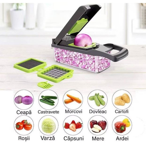 Feliator multifunctional, razatoare, 8 in 1, pentru fructe si legume, 10 piese, lame de inox, recipient stocare, separator oua, protectie mana, abs, 32.2x11.3 cm, verde/gri [3]