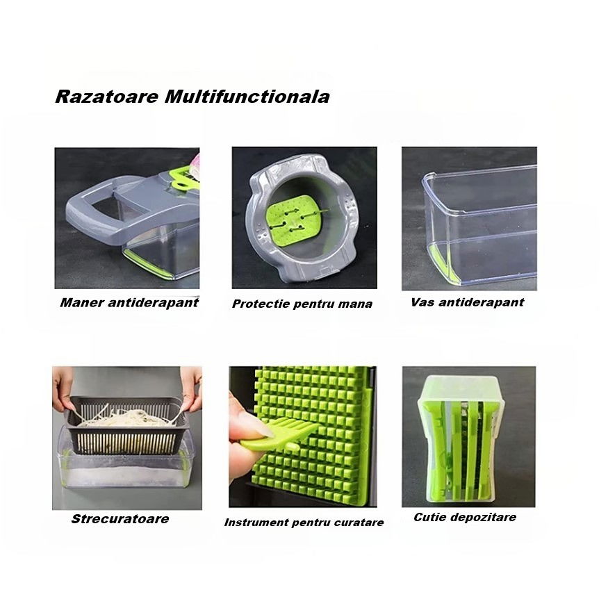 Feliator multifunctional, razatoare, 8 in 1, pentru fructe si legume, 10 piese, lame de inox, recipient stocare, separator oua, protectie mana, abs, 32.2x11.3 cm, verde/gri [7]