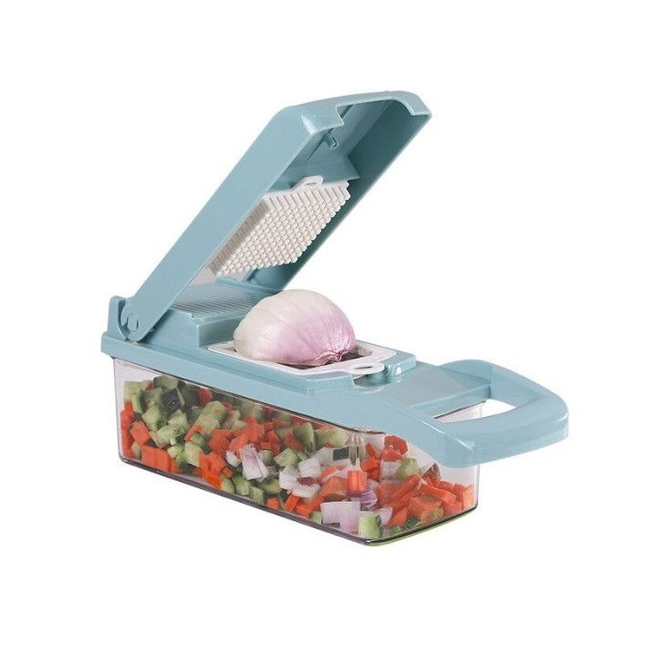 Feliator multifunctional, razatoare, 8 in 1, pentru fructe si legume, 10 piese, lame de inox, recipient stocare, separator oua, protectie mana, abs, 32.2x11.3 cm, albastru/alb [8]