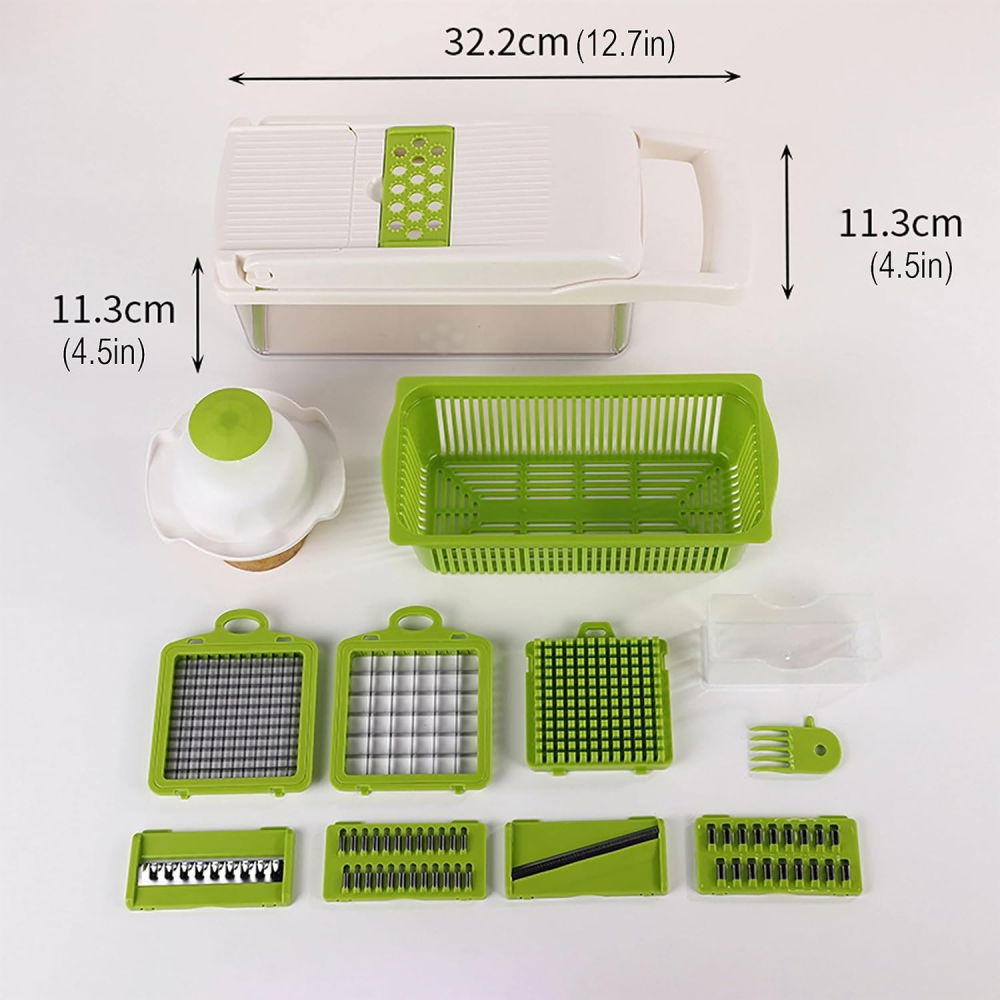 Feliator multifunctional, razatoare, 8 in 1, pentru fructe si legume, 10 piese, lame de inox, recipient stocare, separator oua, protectie mana, abs, 67.5x38.5x49.5 cm, verde/alb [3]