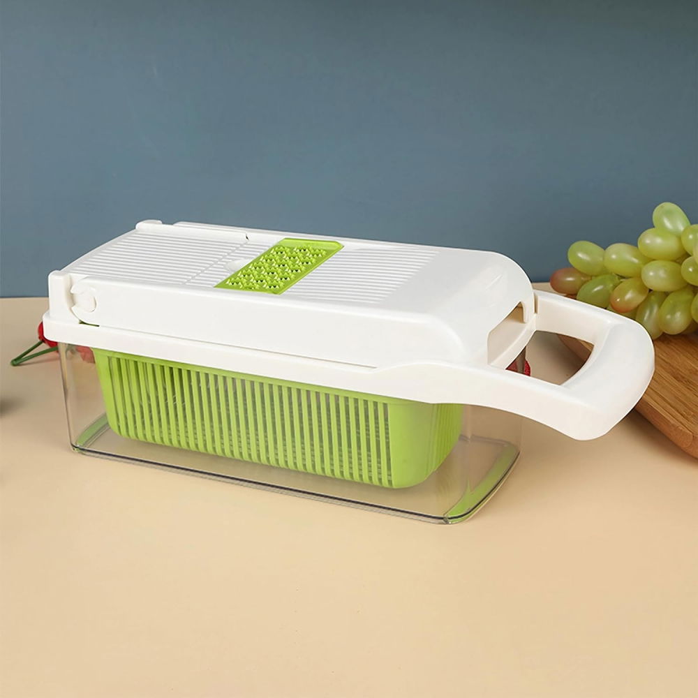 Feliator multifunctional, razatoare, 8 in 1, pentru fructe si legume, 10 piese, lame de inox, recipient stocare, separator oua, protectie mana, abs, 67.5x38.5x49.5 cm, verde/alb [4]