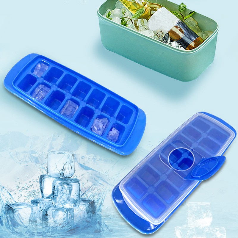 Forma pentru cuburi de gheata  14 cuburi, reutilizabil, plastic alimentar, cu capac, orificiu umplere, dreptunghiulara, 29.5 x 12.5 x4 cm, albastru [8]