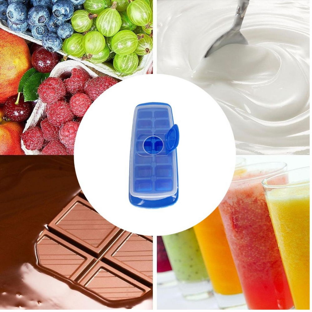 Forma pentru cuburi de gheata  14 cuburi, reutilizabil, plastic alimentar, cu capac, orificiu umplere, dreptunghiulara, 29.5 x 12.5 x4 cm, albastru [2]