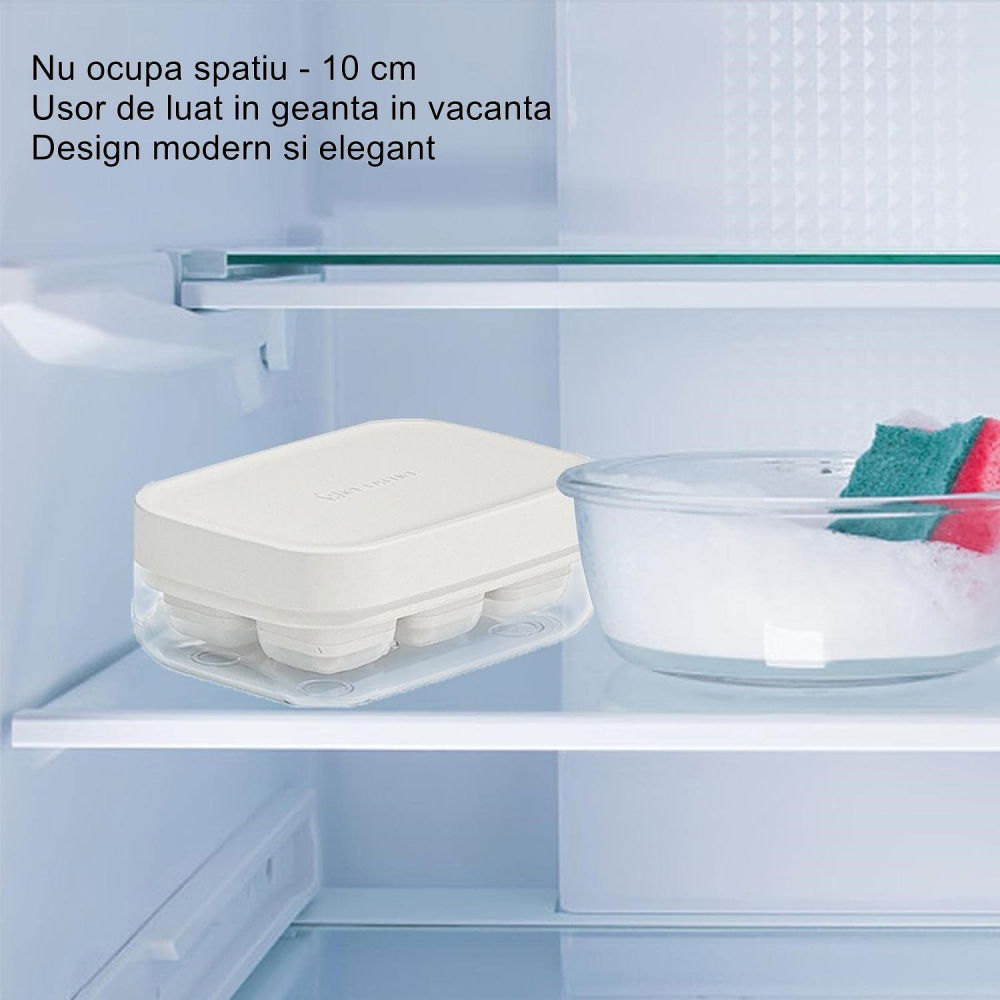 Forma pentru gheata cu presa  din silicon alimentar, 6 cuburi, caserola pentru depozitare, usor de folosit si curatat, 10.5 x 7.5 x 4.1 cm, alb [2]