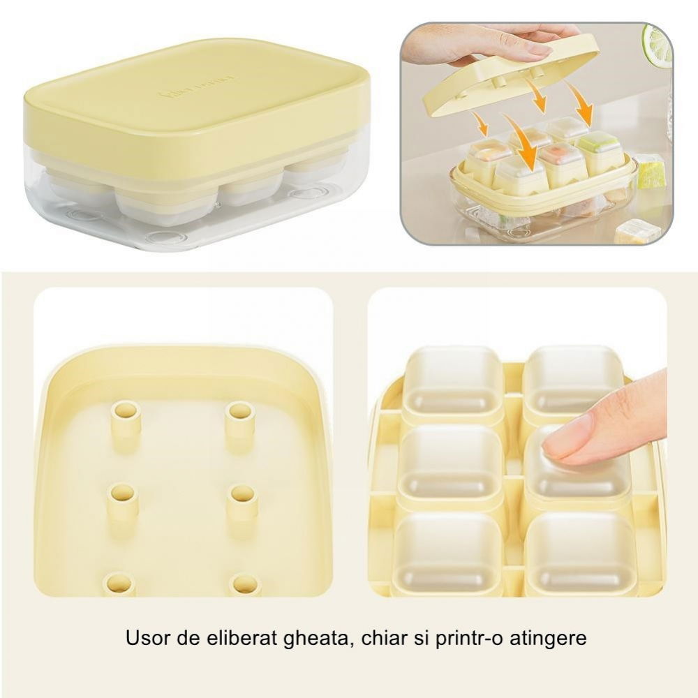 Forma pentru gheata cu presa  din silicon alimentar, 6 cuburi, caserola pentru depozitare, usor de folosit si curatat, 10.5 x 7.5 x 4.1 cm, galben [4]