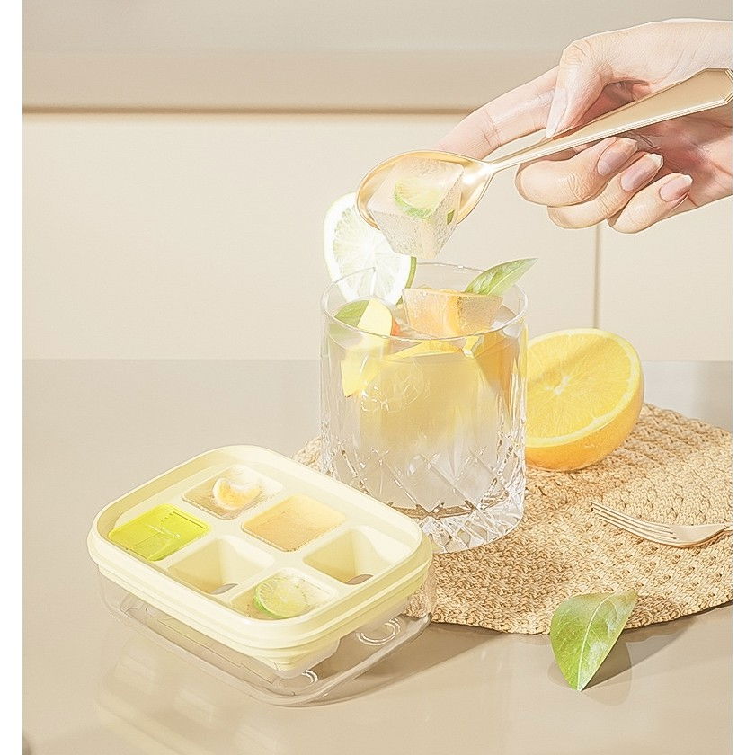 Forma pentru gheata cu presa  din silicon alimentar, 6 cuburi, caserola pentru depozitare, usor de folosit si curatat, 10.5 x 7.5 x 4.1 cm, galben [5]