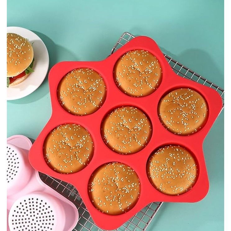 Forme de silicon pentru copt, 7 forme rotiunde, pentru burgeri si prajituri, 38.5 x 4 cm, rosu [6]