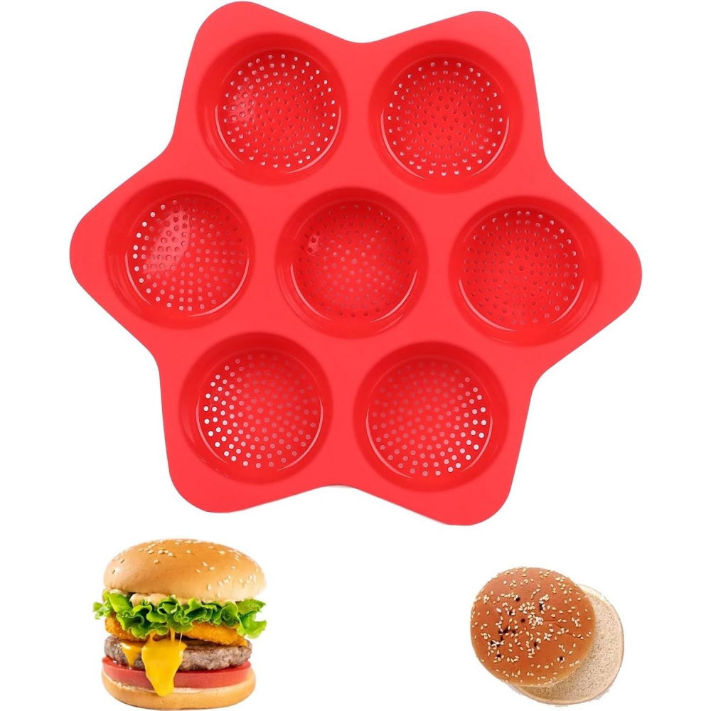 Forme de silicon pentru copt, 7 forme rotiunde, pentru burgeri si prajituri, 38.5 x 4 cm, rosu [4]