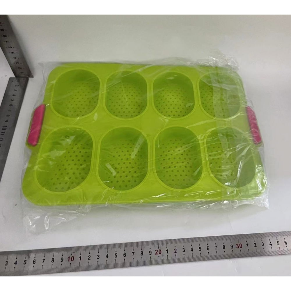 Forme de silicon pentru copt, 8 forme ovale, pentru paine si prajituri, 34.5 x 23.8 x 2.5 cm, verde/roz [2]