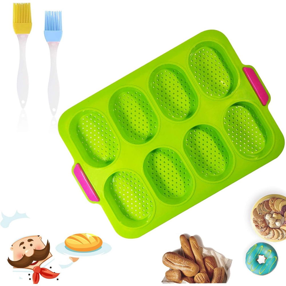 Forme de silicon pentru copt, 8 forme ovale, pentru paine si prajituri, 34.5 x 23.8 x 2.5 cm, verde/roz [6]