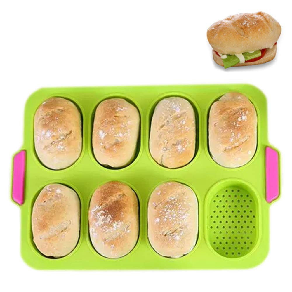Forme de silicon pentru copt, 8 forme ovale, pentru paine si prajituri, 34.5 x 23.8 x 2.5 cm, verde/roz [3]
