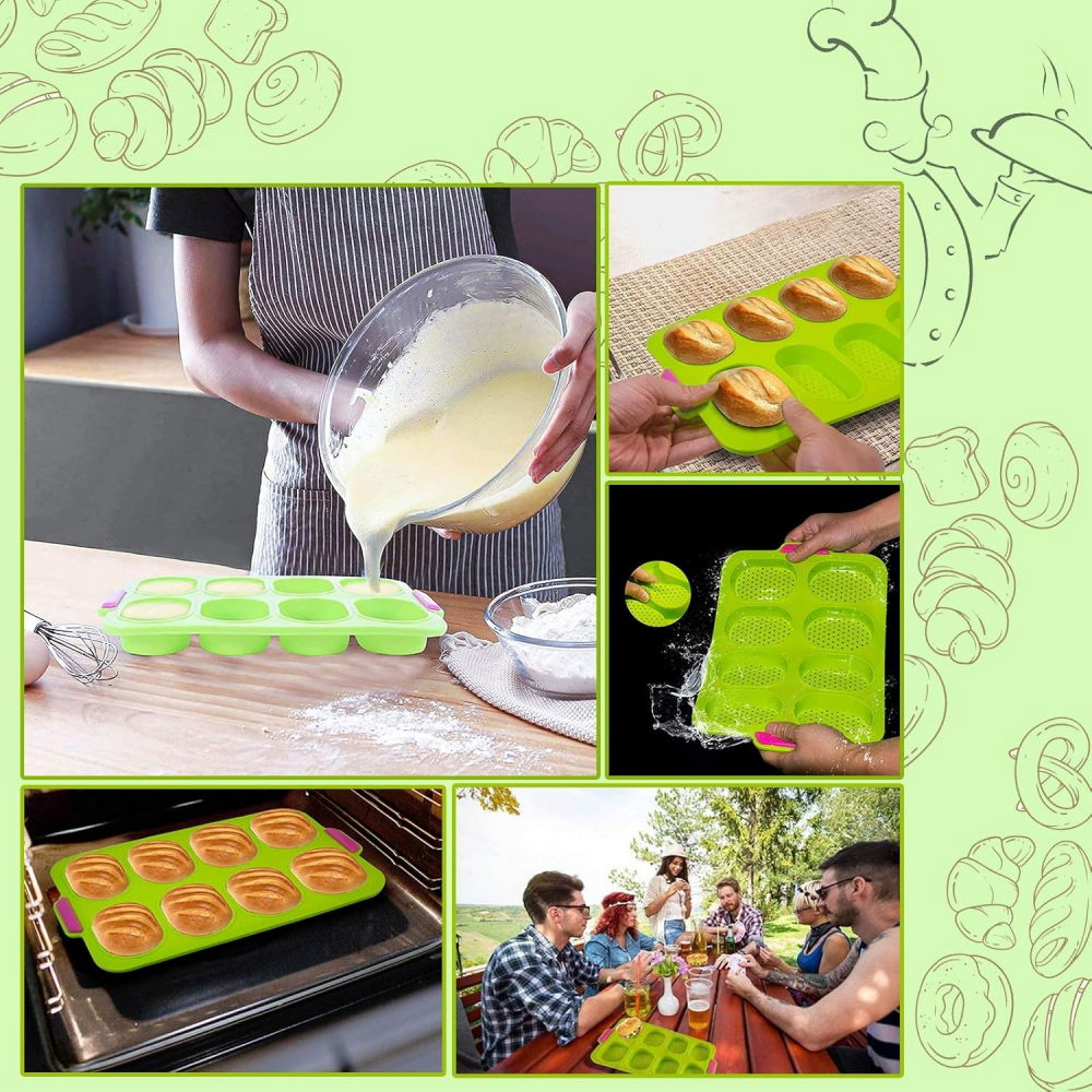 Forme de silicon pentru copt, 8 forme ovale, pentru paine si prajituri, 34.5 x 23.8 x 2.5 cm, verde/roz [5]