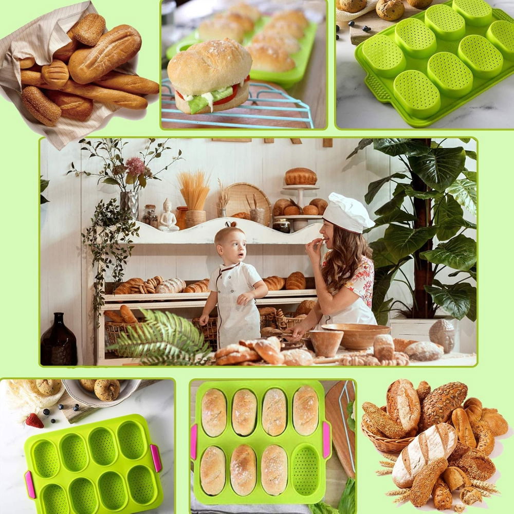 Forme de silicon pentru copt, 8 forme ovale, pentru paine si prajituri, 34.5 x 23.8 x 2.5 cm, verde/roz [4]