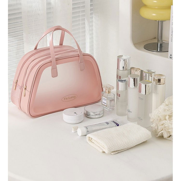 Geanta cosmetice de voiaj, dubla compartimentare, impermeabila, translucida mata, 35 x 22 x 15 cm, roz [3]