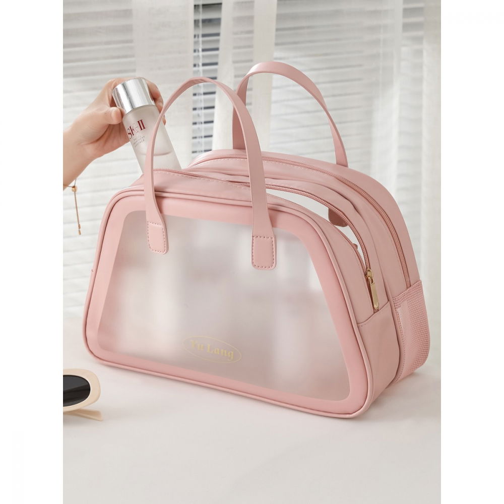 Geanta cosmetice de voiaj, dubla compartimentare, impermeabila, translucida mata, 35 x 22 x 15 cm, roz [10]