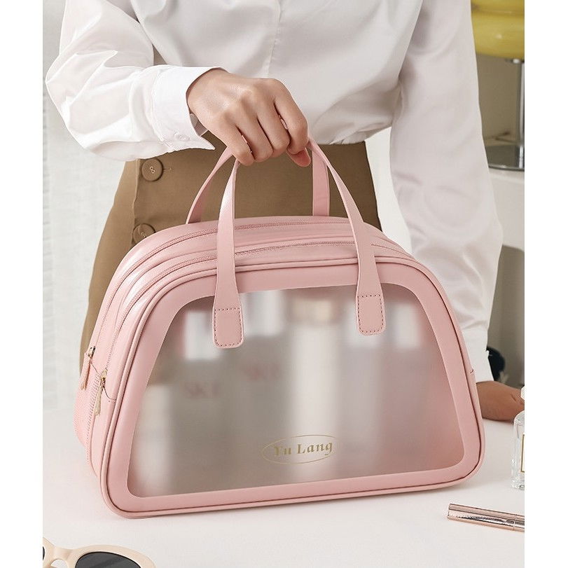 Geanta cosmetice de voiaj, dubla compartimentare, impermeabila, translucida mata, 35 x 22 x 15 cm, roz [2]