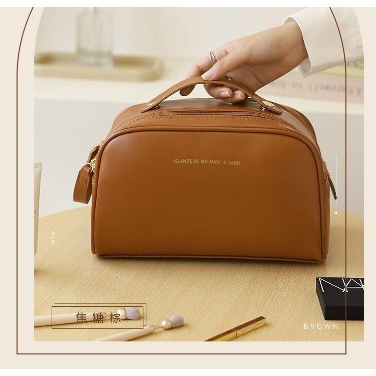 Geanta cosmetice pentru femei  material poliuretan, 25 x 14.5 x 14.5 cm, impermeabila, maro [3]