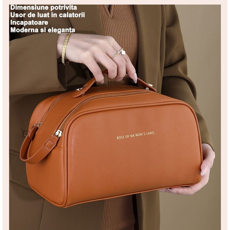 Geanta cosmetice pentru femei  material poliuretan, 25 x 14.5 x 14.5 cm, impermeabila, maro [5]