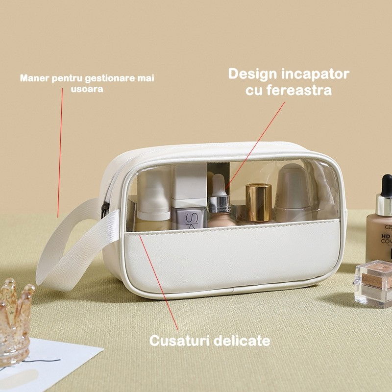 Geanta cosmetice  pentru voiaj sau organizare, material pvc/textil, impermeabila, portabila, 22 x 12 x 8 cm, alb [6]