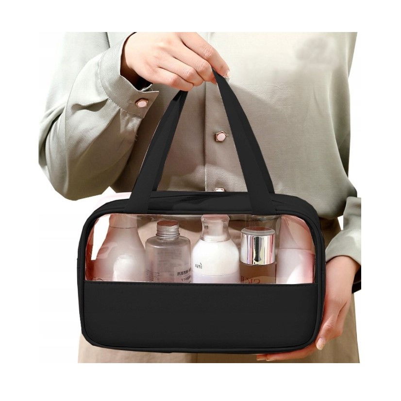 Geanta cosmetice  pentru voiaj sau organizare, material pvc/textil, impermeabila, portabila, 26 x 15 x 10 cm, negru [3]