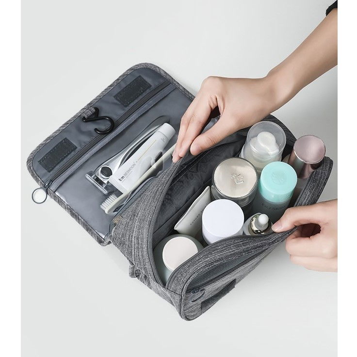 Geanta cosmetice voiaj, material panza, impermeabil, 3 compartimente, cu agatatoare, gri, 47 x 28 x 20   cm [2]