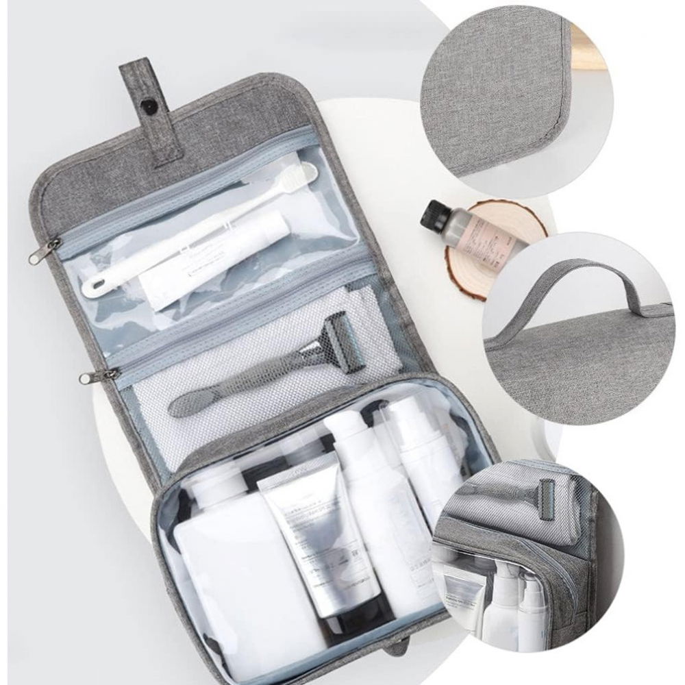 Geanta cosmetice voiaj, material panza, impermeabil, 3 compartimente, cu agatatoare, gri, 47 x 28 x 20   cm [8]