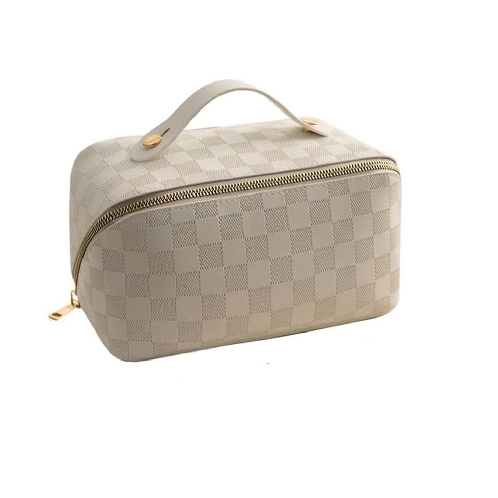 Geanta de calatorie  pentru cosmetice, portabila, impermeabila, din piele ecologica, compartimente multiple, cu fermoar, 22 x 13 x 12.5 cm, in carouri, crem [1]