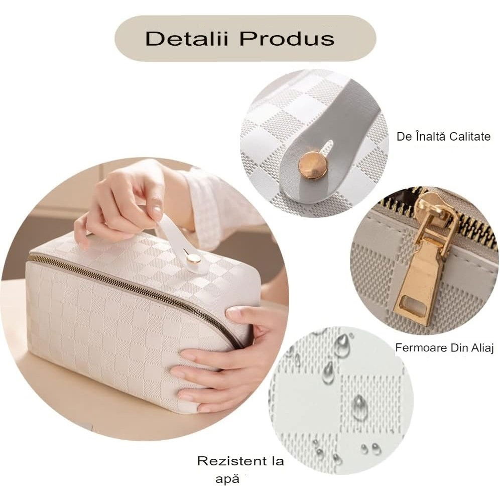 Geanta de calatorie  pentru cosmetice, portabila, impermeabila, din piele ecologica, compartimente multiple, cu fermoar, 22 x 13 x 12.5 cm, in carouri, crem [3]