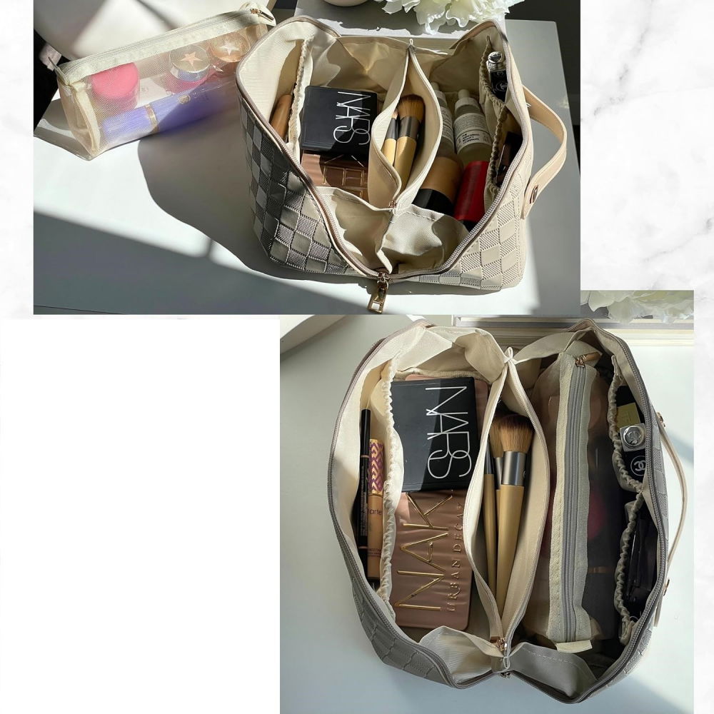 Geanta de calatorie  pentru cosmetice, portabila, impermeabila, din piele ecologica, compartimente multiple, cu fermoar, 22 x 13 x 12.5 cm, in carouri, crem [5]