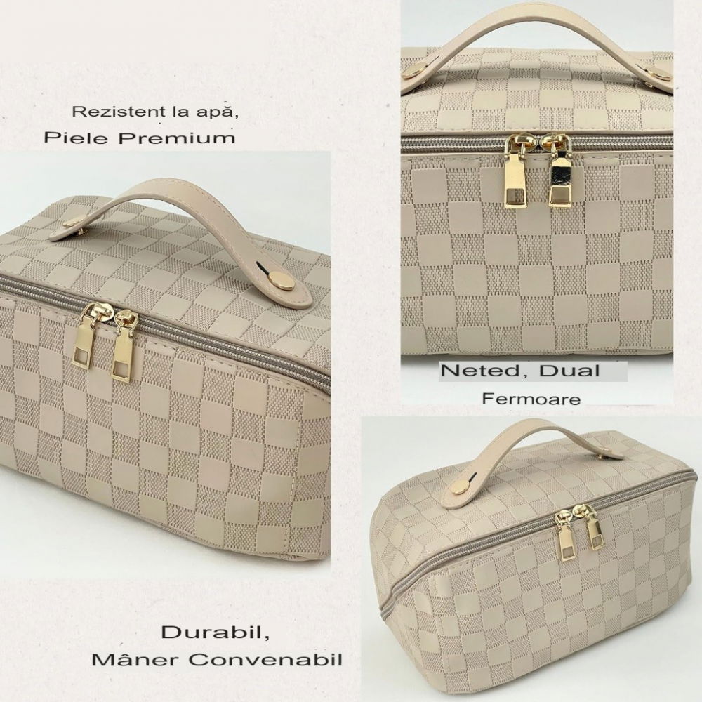 Geanta de calatorie  pentru cosmetice, portabila, impermeabila, din piele ecologica, compartimente multiple, cu fermoar, 22 x 13 x 12.5 cm, in carouri, crem [4]