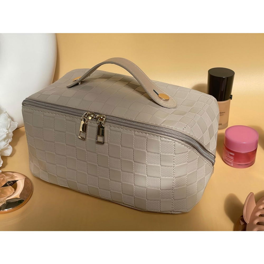 Geanta de calatorie  pentru cosmetice, portabila, impermeabila, din piele ecologica, compartimente multiple, cu fermoar, 22 x 13 x 12.5 cm, in carouri, crem [7]